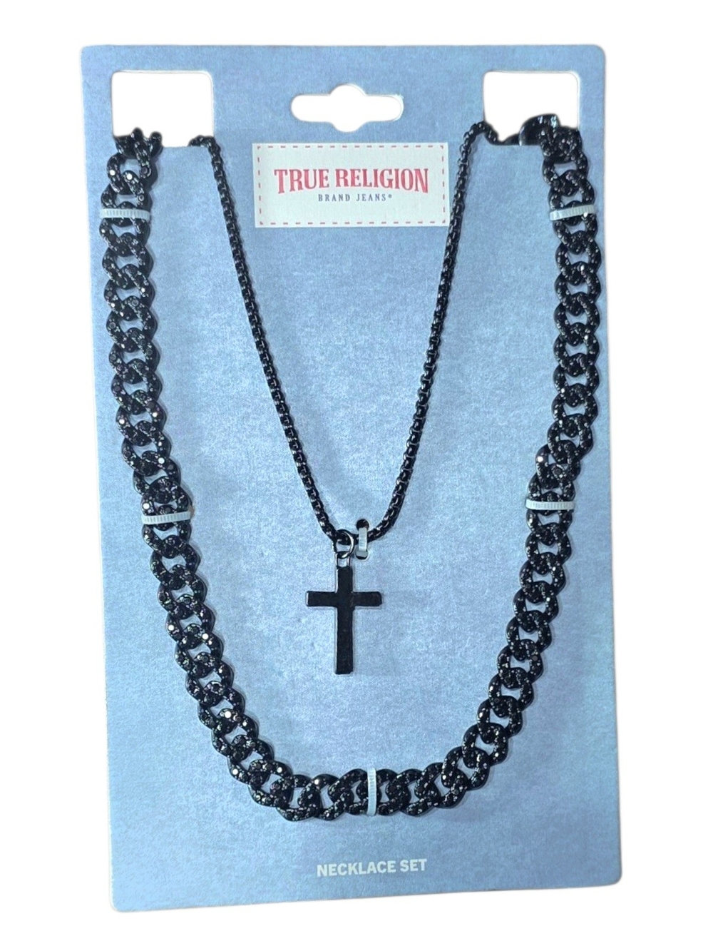 True Religion Black Cuban Link CZ Cross Pendant Necklace Set NWT New